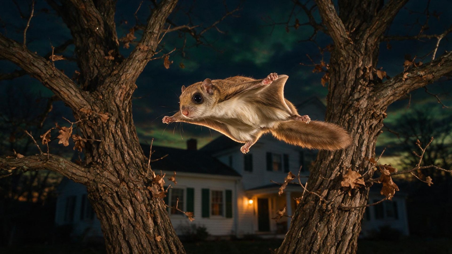 Large fish leaping between trees at dusk in front of a house