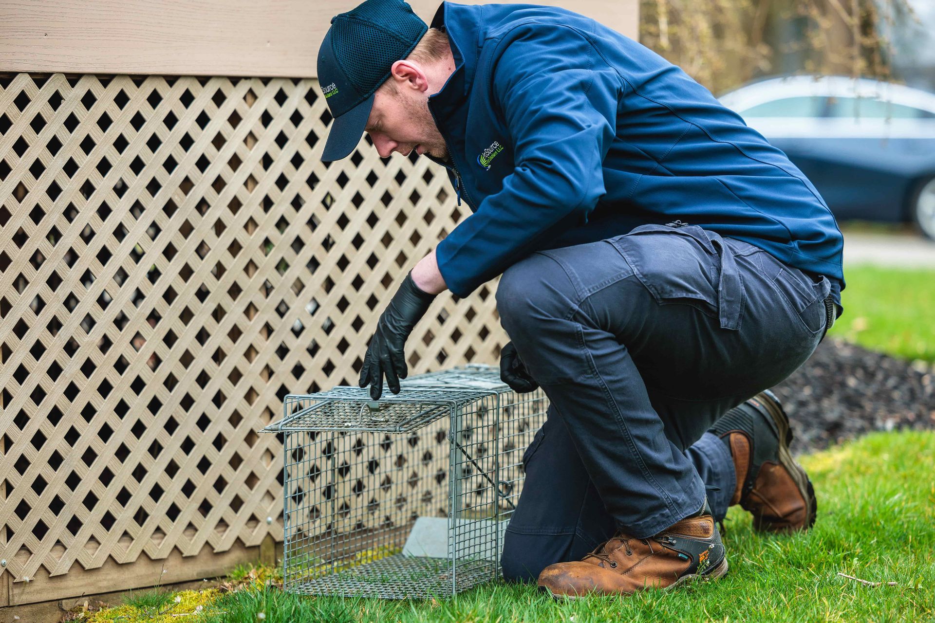 A person in a blue jacket and cap kneels on grass, setting a metal live-animal trap against a lattice-covered building.