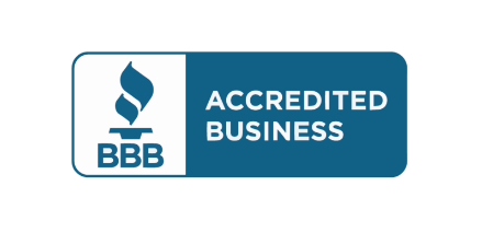BBB Accredited Business logo: white square with blue flame, blue rectangle with white 