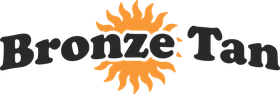 Logo for Bronze Tan featuring dark text and an orange sun icon.