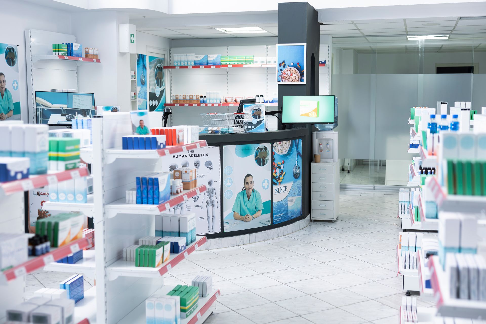 Bright pharmacy interior with shelves of medicine and skincare products, white tile floor, and a central display counter Bright pharmacy interior with shelves of medicine and skincare products, white tile floor, and a central display counter