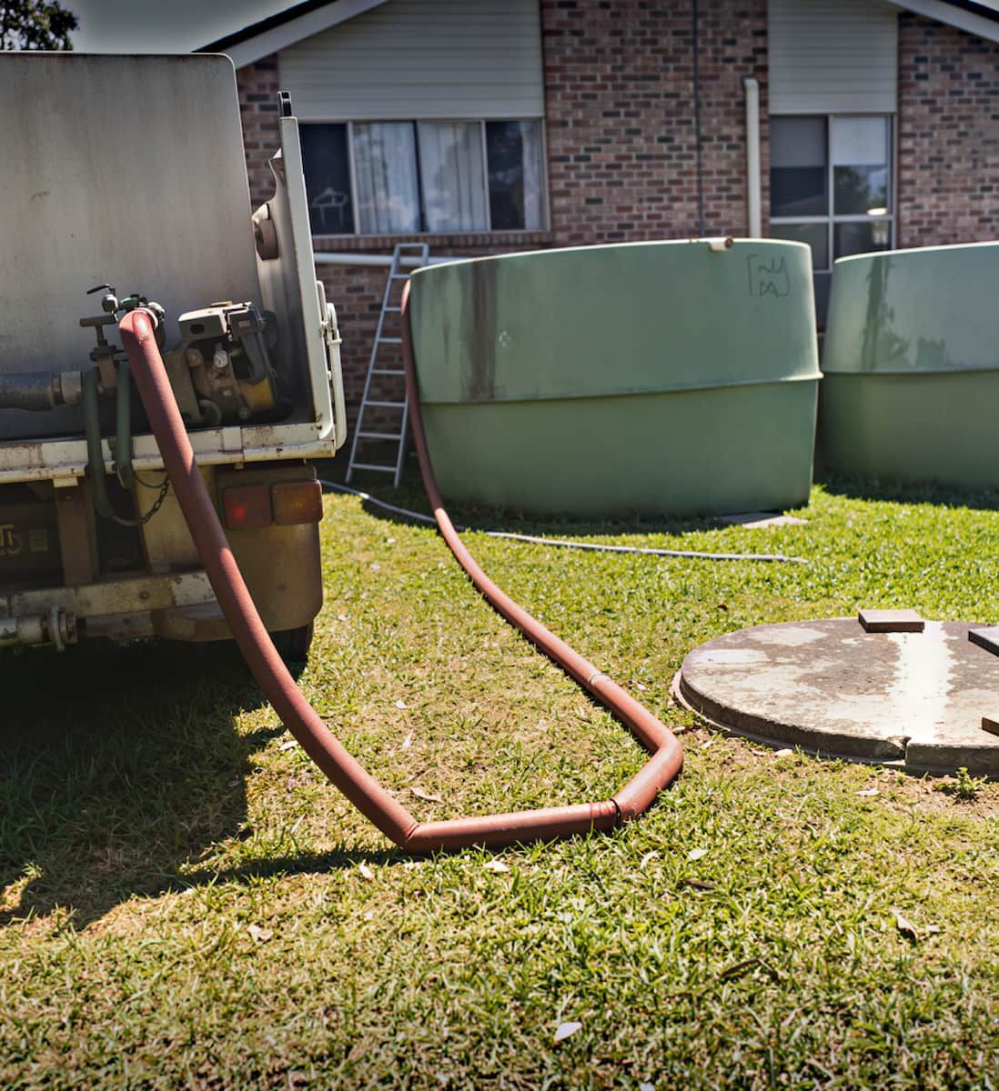 Hose Connected to a Truck Parked on a Lawn Beside Large Green Tanks — Taree & Mid Coast Water Cartage in Hillville, NSW
