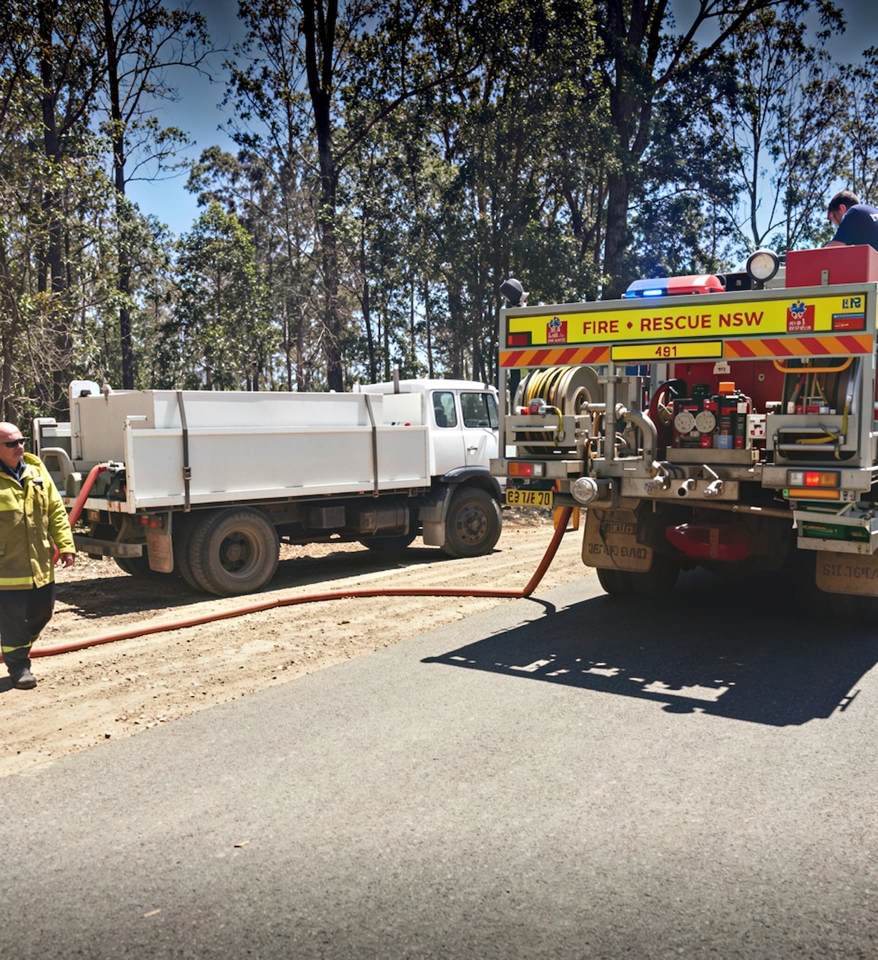 Fire Truck and Utility Truck on a Rural Roadside — Taree & Mid Coast Water Cartage in Hillville, NSW