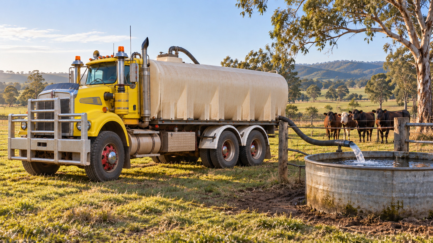 Yellow Water Truck Beside Cattle Trough in a Grassy Pasture at Sunset — Taree & Mid Coast Water Cartage in Hallidays Point, NSW