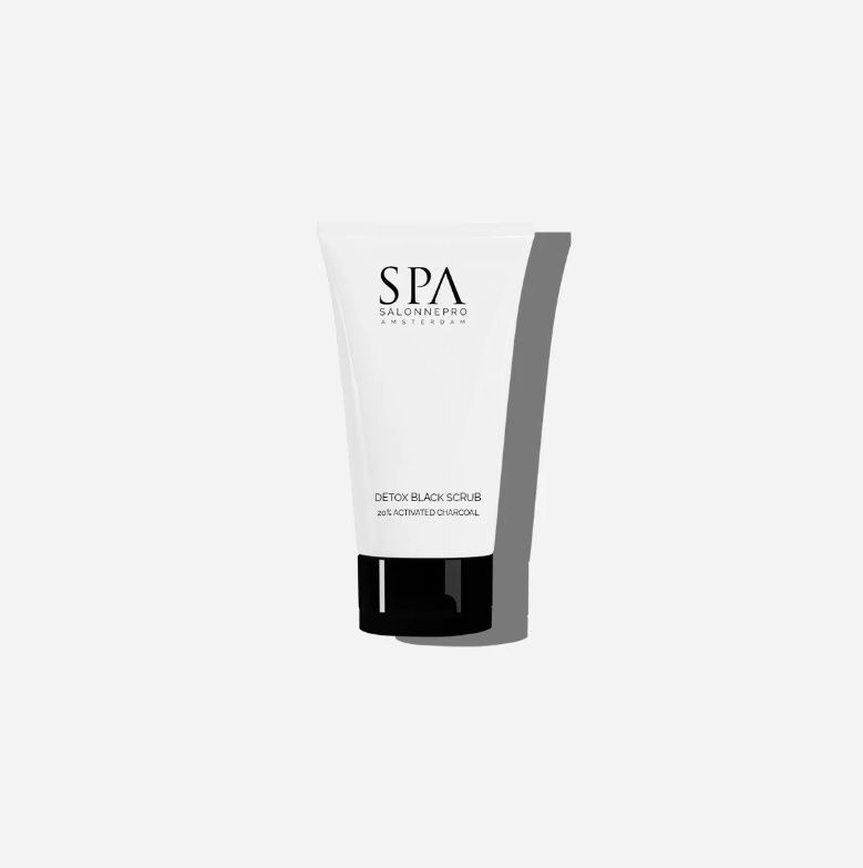 Zwarte scrub voor tegen onzuiverheden van Spa Salonnepro.