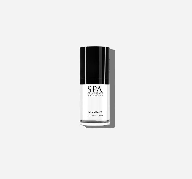 Oogcrème flesje van Spa Salonnepro op een witte achtergrond, zwarte dop, wit etiket met tekst.