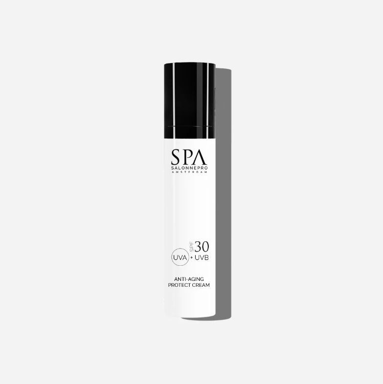 Witte fles zonnebrandcrème van Spa Salonnepro met SPF 30.