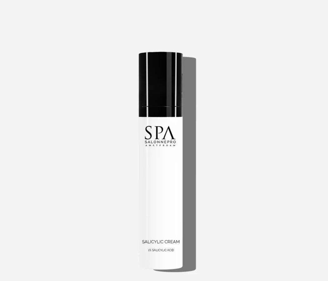 Witte huidverzorgingsfles met Salicylzuur crème om acne te verminderen van Spa Salonnepro.