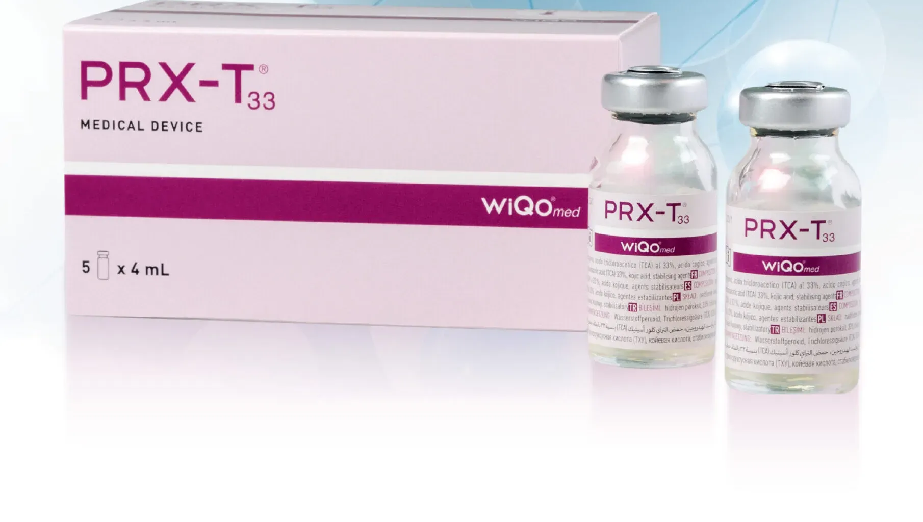 PRX-T33 medical skincare box and two vials on a white background