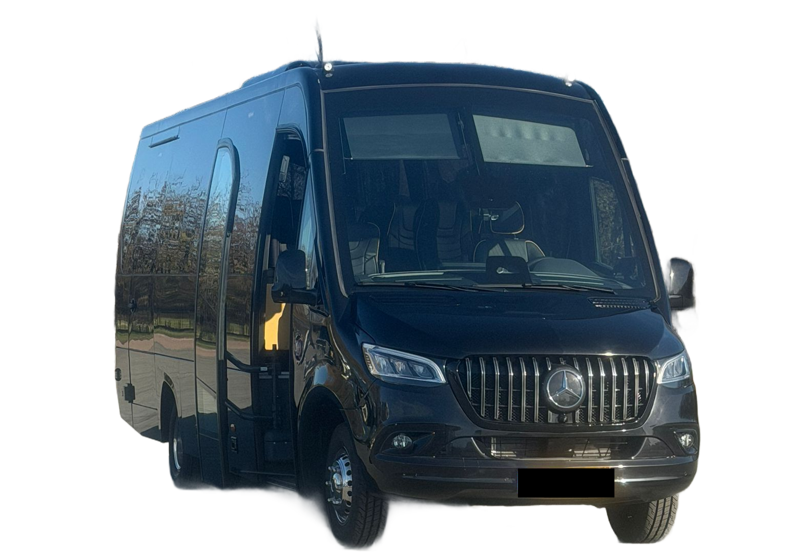 A black Mercedes-Benz Sprinter luxury passenger shuttle van viewed from the front-left angle.