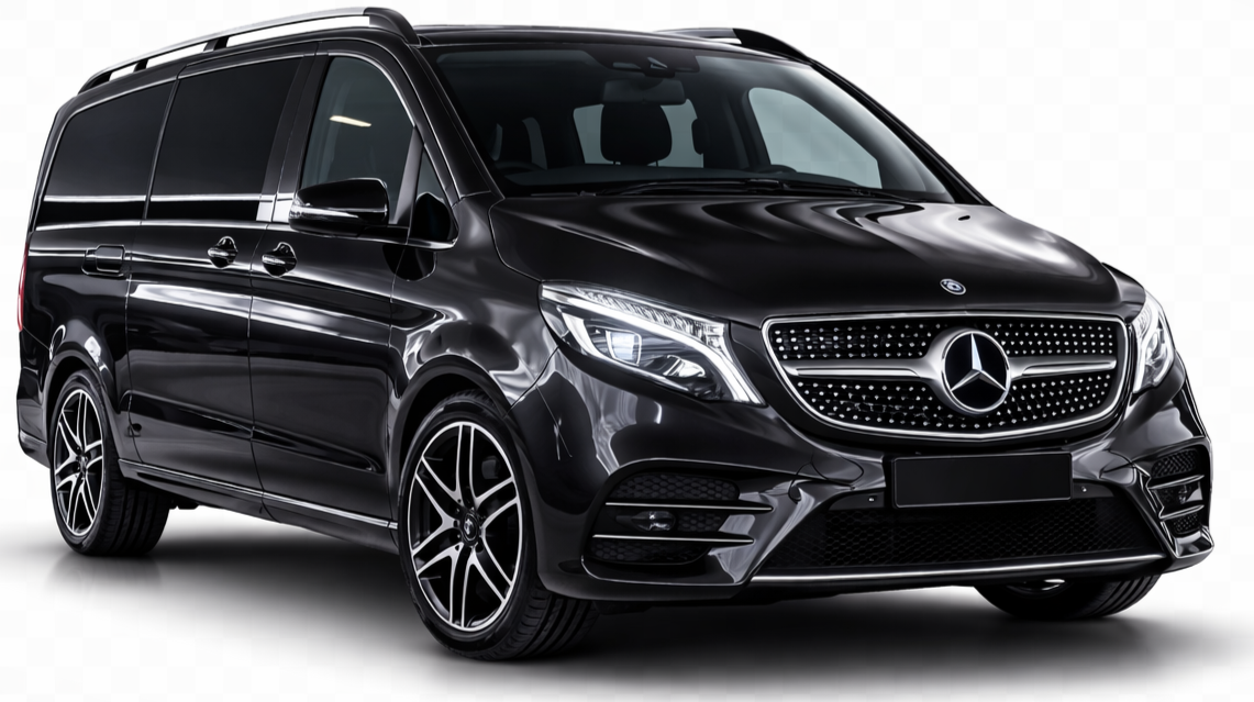Taxi van Amsterdam naar Parijs Mercedes V-Class Minivan AMG package Chauffeur Service Amsterdam, black color 2026 model