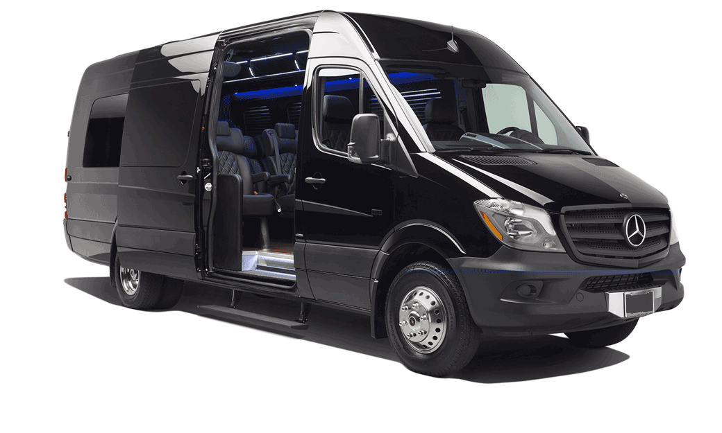 A black van with the door open on a white background.