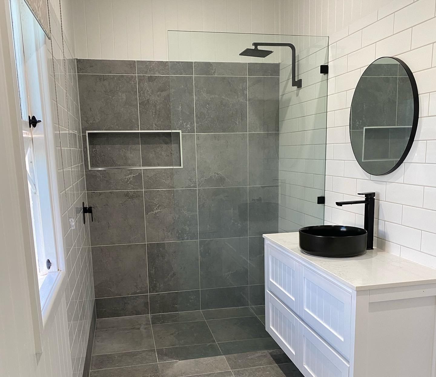 Modern Bathroom Shower With Gray Tile, White Vanity — Valley Cabinetmakers Pty Ltd In Biloela, QLD