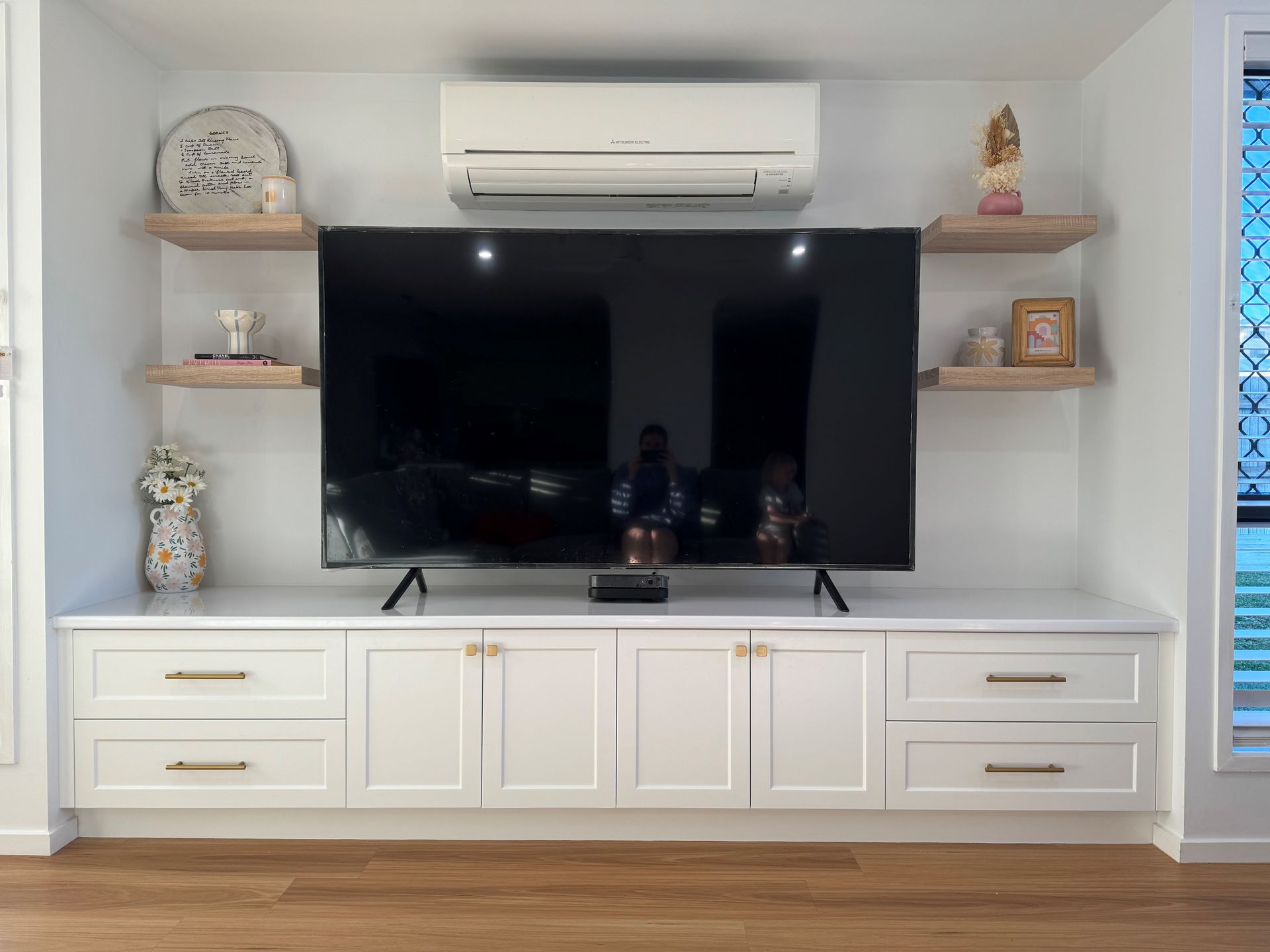 White Built-in TV Wall With Flat-screen, Shelves — Valley Cabinetmakers Pty Ltd In Biloela, QLD