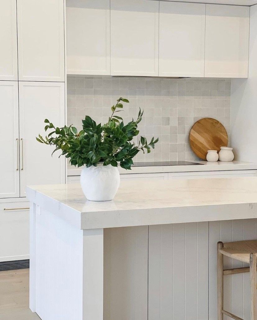White Kitchen Island With a Plant, Cabinets — Valley Cabinetmakers Pty Ltd In Biloela, QLD