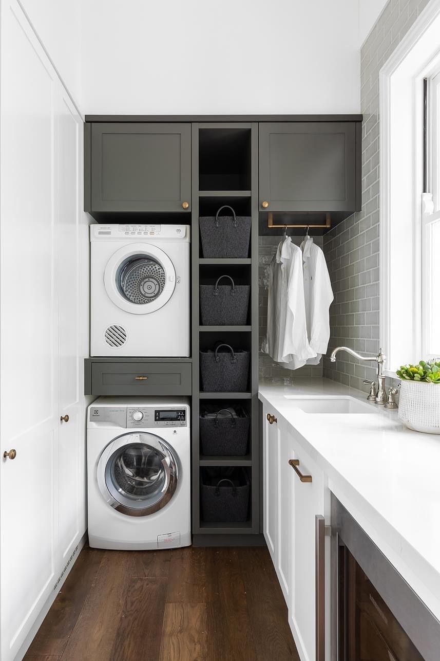 White Laundry Room With Stacked Washer/Dryer — Valley Cabinetmakers Pty Ltd In Biloela, QLD