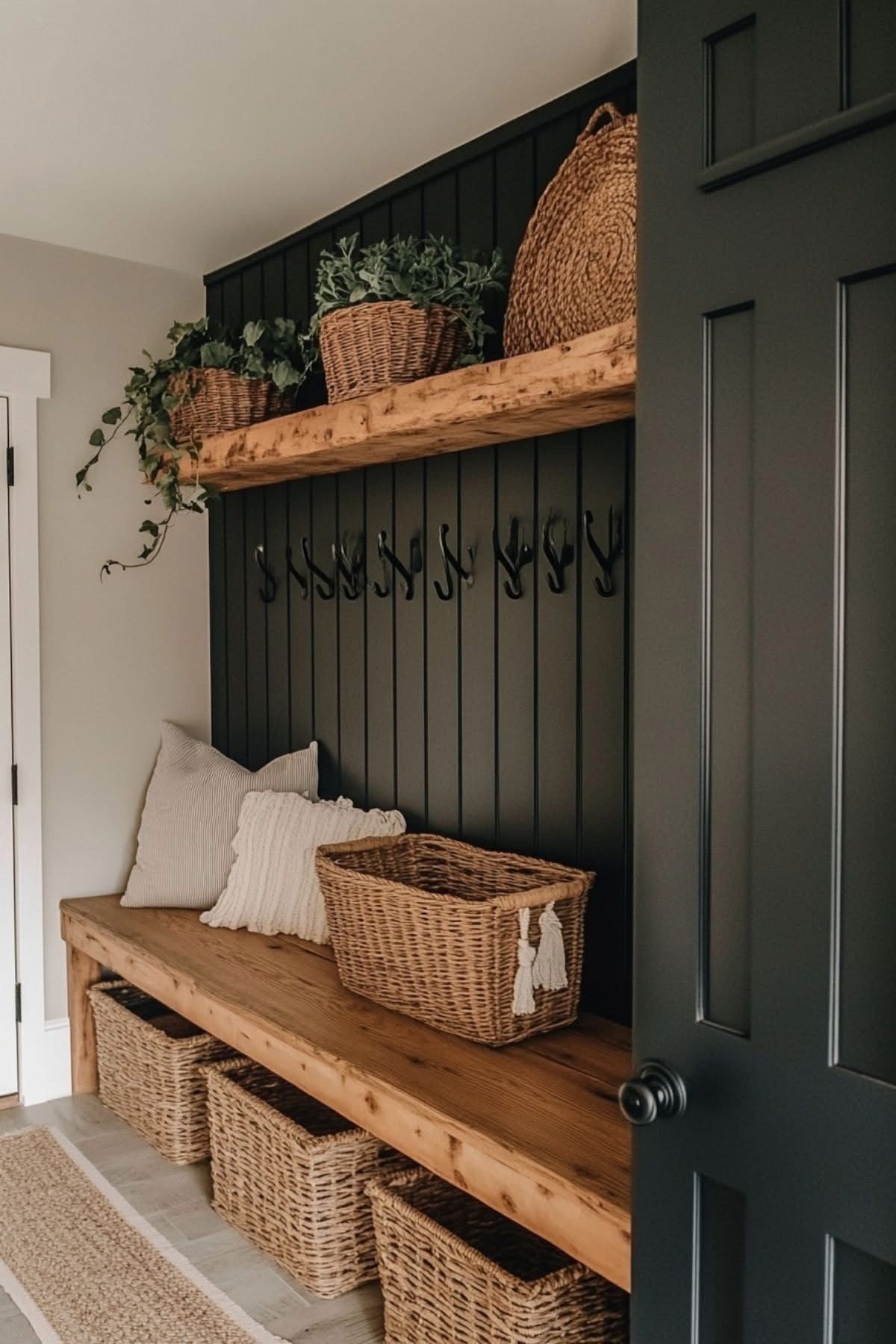 Built-in Entryway Bench With Baskets, Coat Hooks, and Green Paneled Walls — Valley Cabinetmakers Pty Ltd In Biloela, QLD