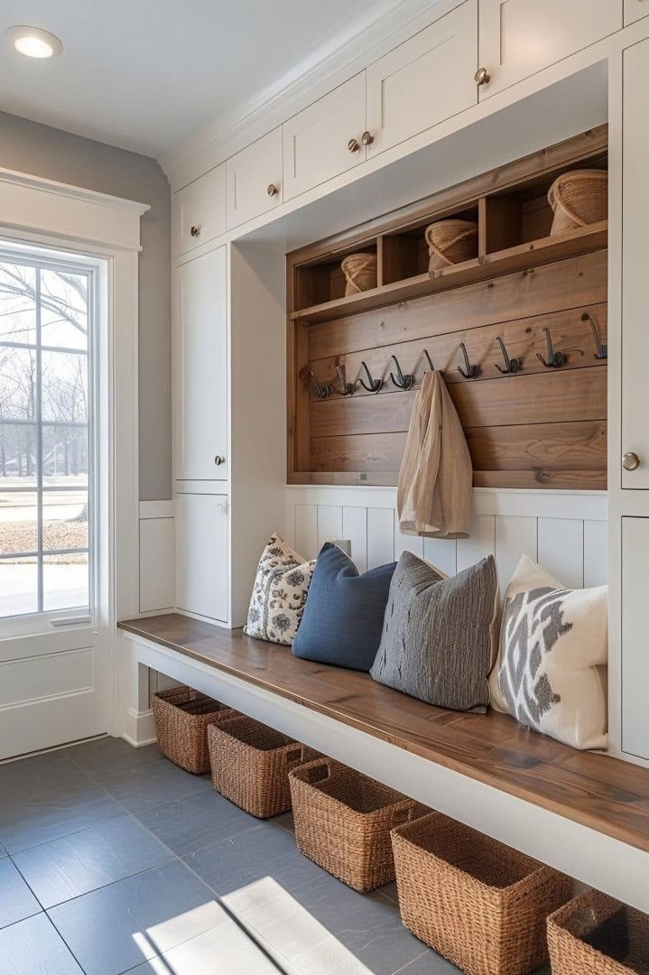 Mudroom With Built-in Bench, Storage Baskets, and Hooks — Valley Cabinetmakers Pty Ltd In Biloela, QLD