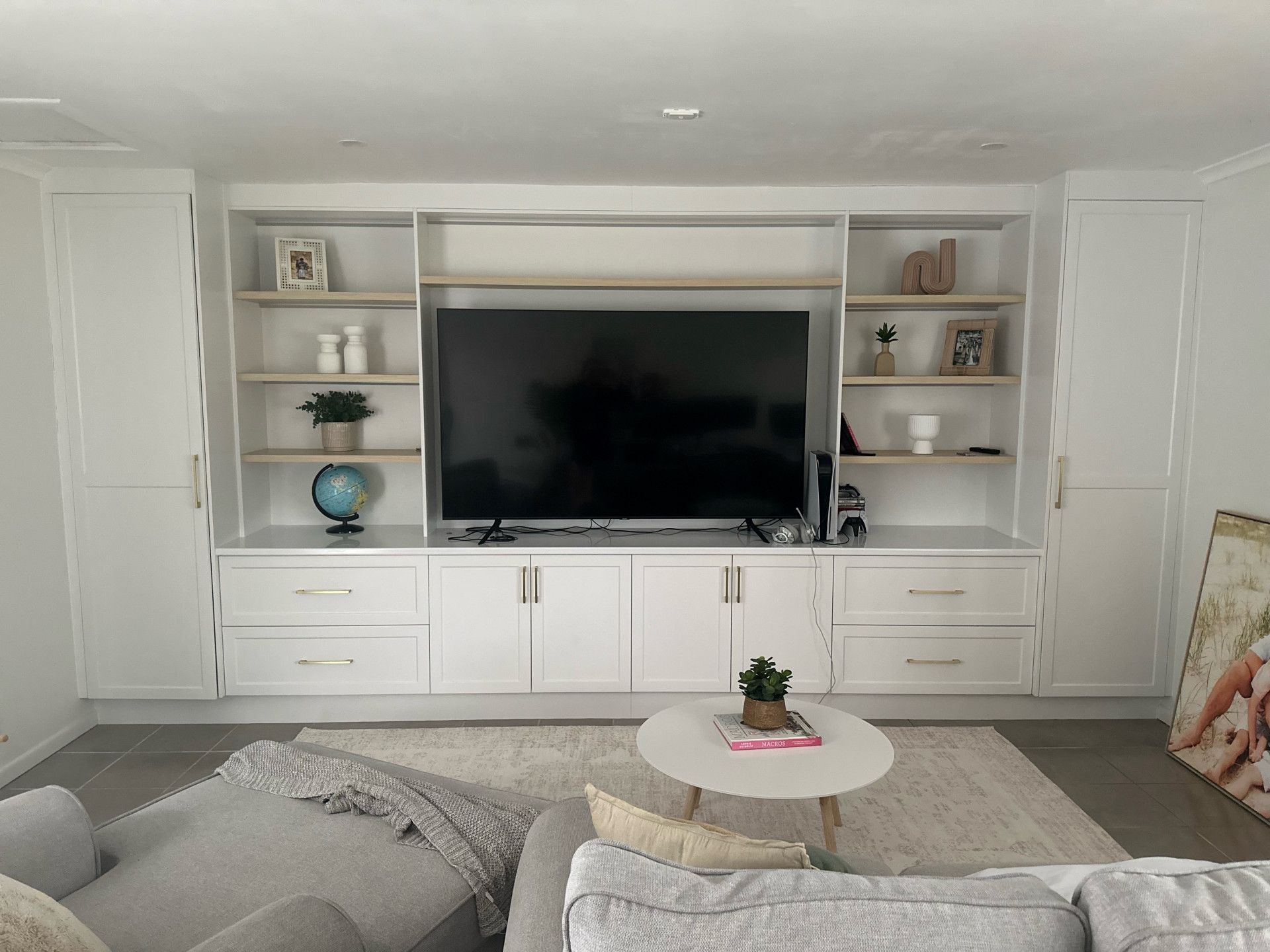 White Built-in Entertainment Center With TV, Shelves — Valley Cabinetmakers Pty Ltd In Biloela, QLD