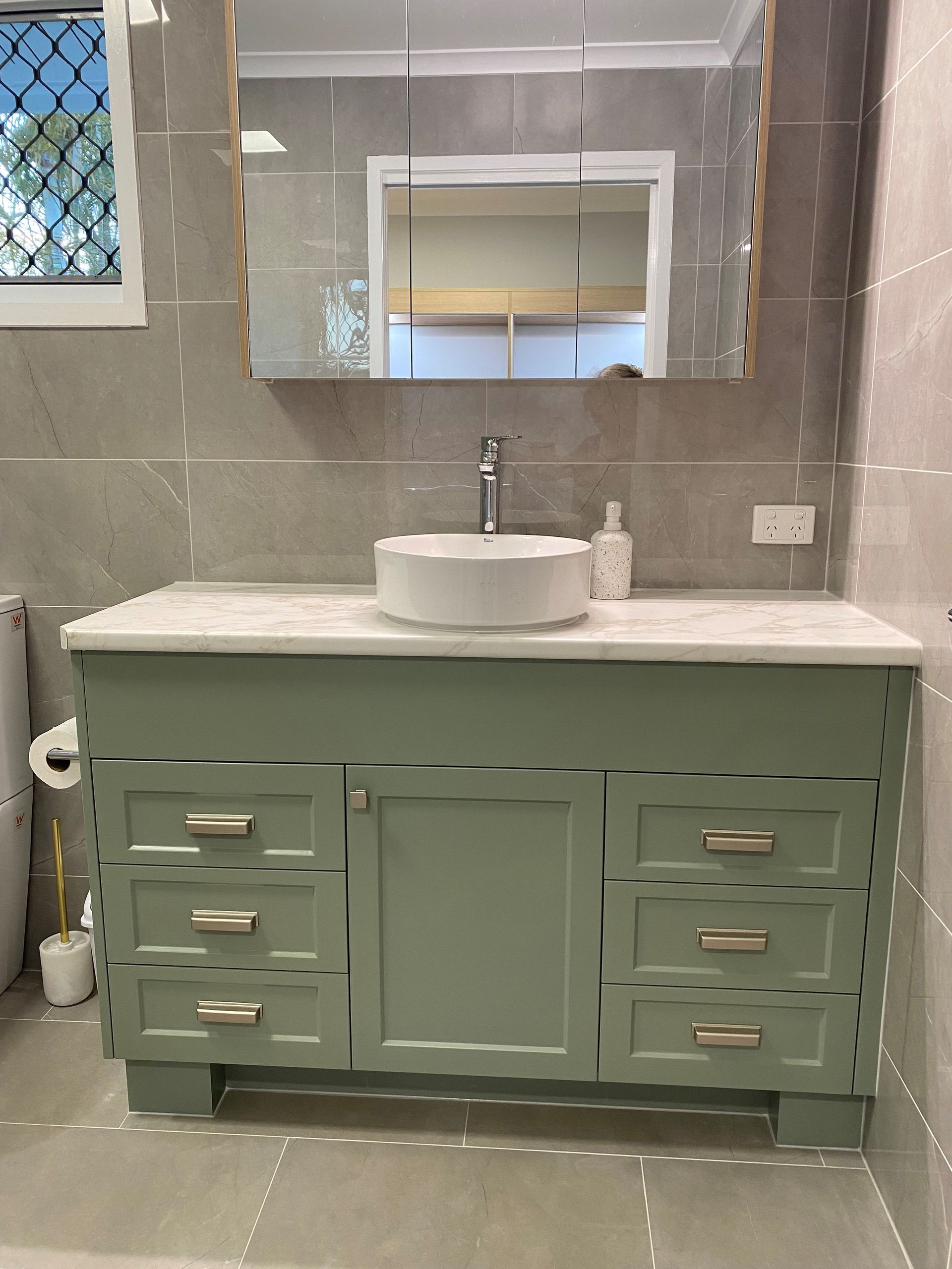Bathroom Vanity With Green Draws — Valley Cabinetmakers Pty Ltd In Biloela, QLD