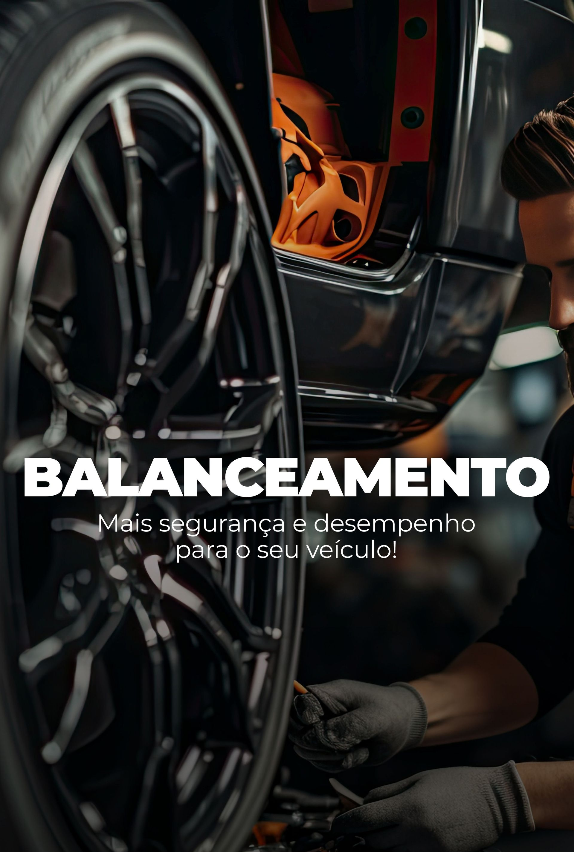 Oficina de balanceamento de rodas com mecânico ajustando pneu em carro preto; texto “BALANCEAMENTO”