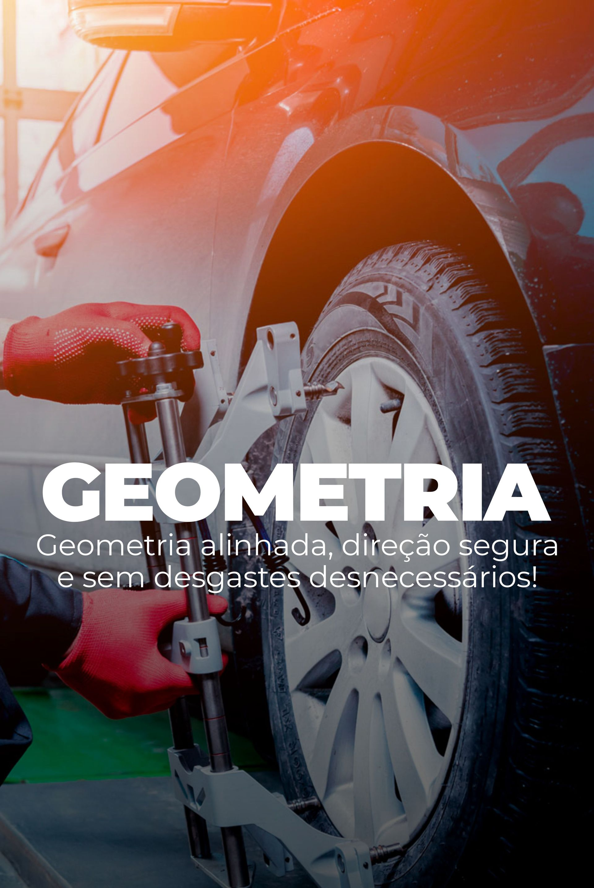 Mecânico apertando a roda de um carro com uma chave inglesa; texto “GEOMETRIA” sobreposto.
