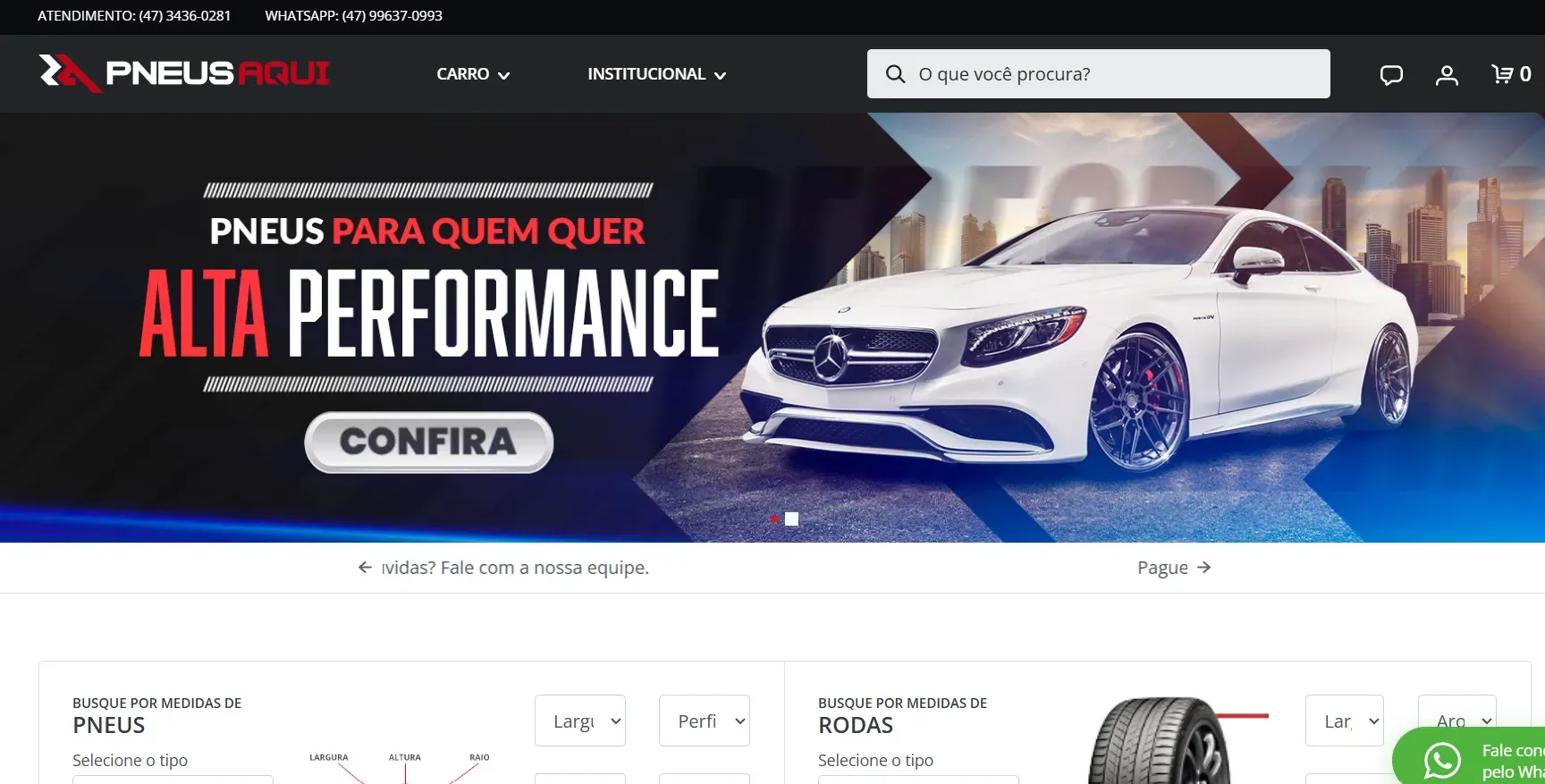 Banner da página inicial do site da Pneus com um carro esportivo branco e o texto promocional “ALTA PERFORMANCE”