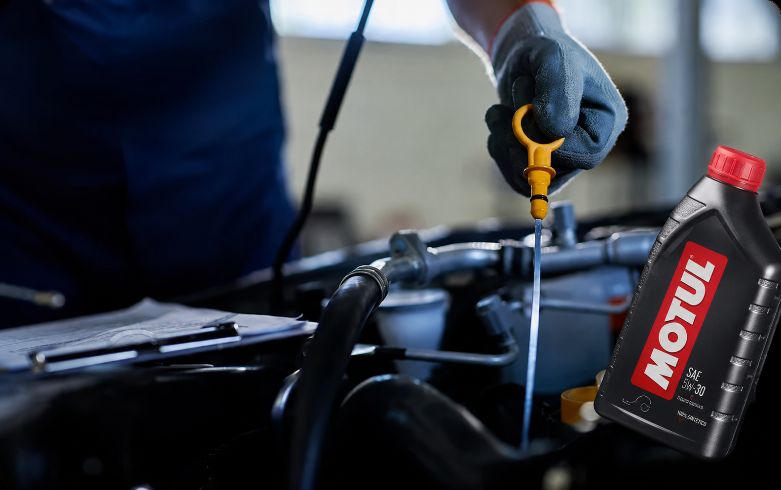 Uma mão enluvada verifica o nível de óleo de um carro com uma vareta, ao lado de uma garrafa de óleo de motor Continental.