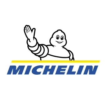 Logotipo da Michelin com Bibendum branco acenando acima da marca azul e linha amarela.