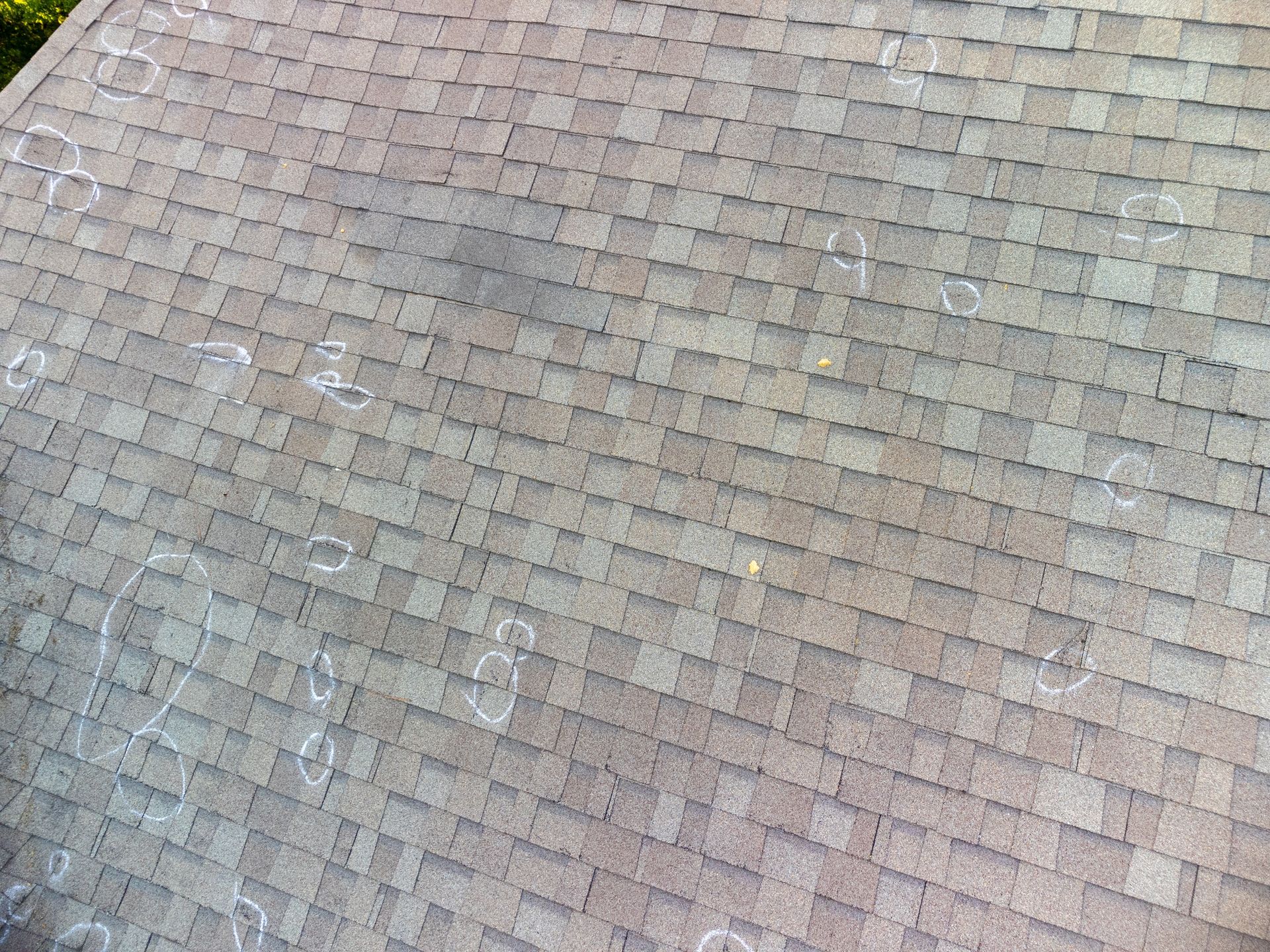 Tan shingle roof with visible circular hail damage.