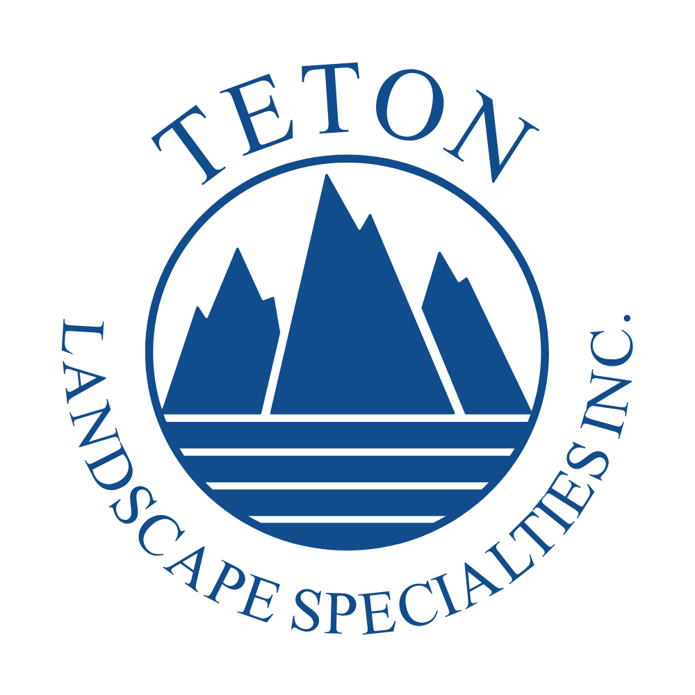 Teton Landscape Specialties logo with blue mountains and circular text emblem