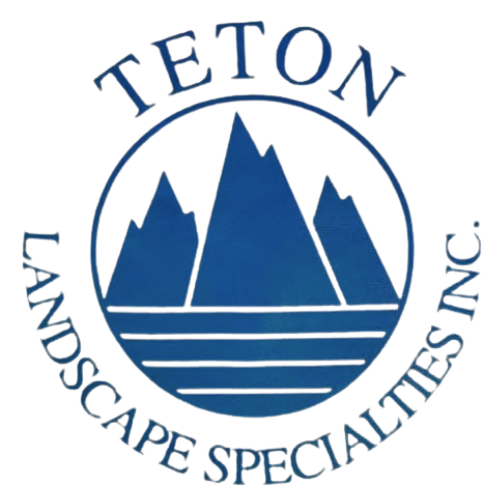 Teton Landscape Specialties logo with blue mountains and circular text emblem