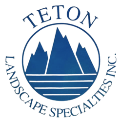 Teton Landscape Specialties logo with blue mountains and circular text emblem