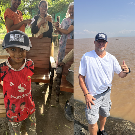 Split photo: child in red jersey at left; man in white shirt and cap standing in water at right, both smiling.