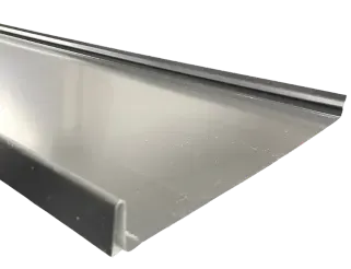 A close up of a stainless steel gutter on a white background.