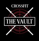 CrossFit gym logo: "The Vault" text, barbell overlay on a red vault outline, black background.