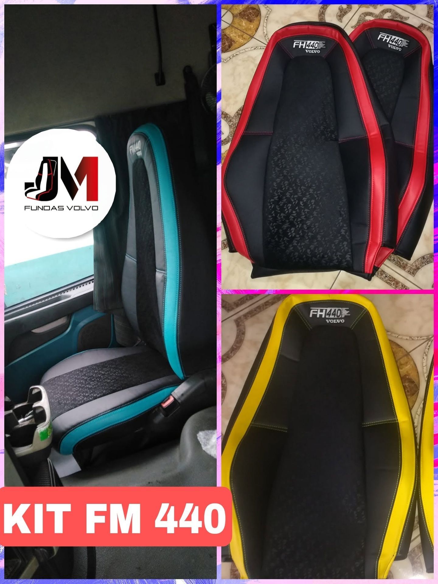 Juego de fundas para asientos de coche en color negro con detalles en turquesa, rojo y amarillo, con la etiqueta KIT FM 440.