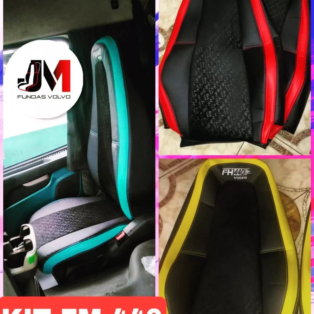 Juego de fundas para asientos de coche en color verde azulado, negro, rojo y amarillo, expuesto en un collage.