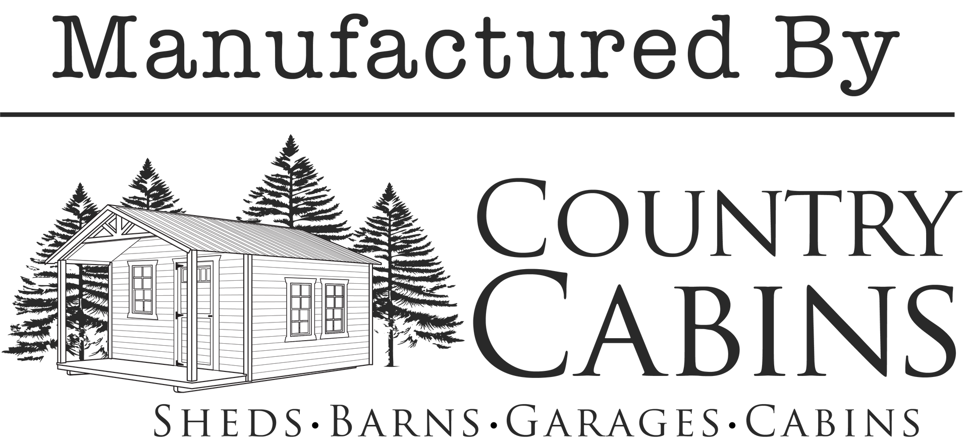 Country Cabins manufacturer logo with cabin illustration - sheds barns garages cabins