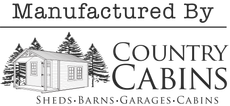 Country Cabins manufacturer logo with cabin illustration - sheds barns garages cabins
