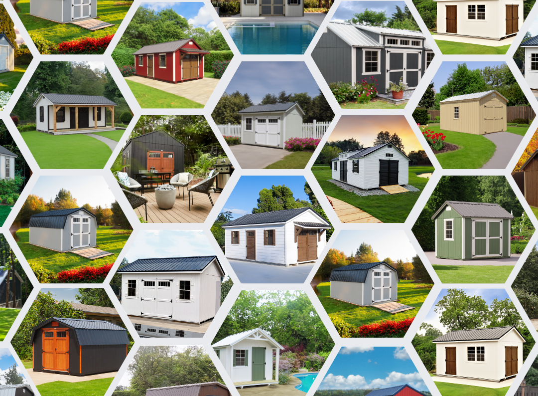 Honeycomb collage of various storage sheds, garages, and cabins in different styles, colors, and sizes in backyard settings