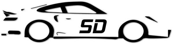 A black and white minimalist silhouette of a sports car featuring the letters "SD" on its side.