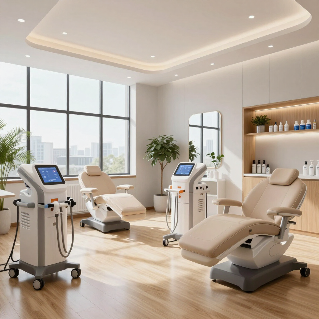 Sala de tratamientos de spa luminosa con tres sillones reclinables, máquinas para el cuidado de la piel y grandes ventanales.