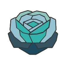Una ilustración geométrica y estilizada de una rosa en tonos verde azulado, azul claro y azul oscuro.