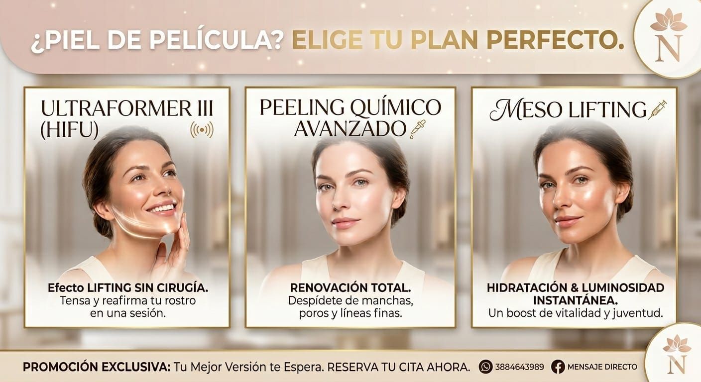 Banner promocional de tratamientos para la piel: Ultraproformer, peeling avanzado y masaje lifting, con retratos de modelos.