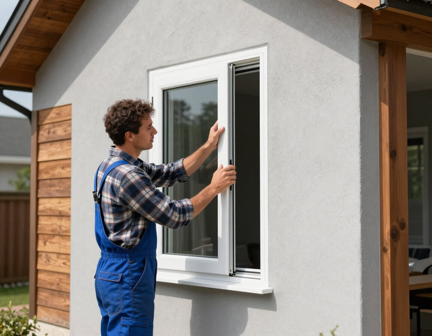 Craftsmanship detail of a vinyl window frame replacement on a residential property.