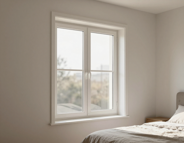 Newly installed double-hung window in a residential bedroom interior.