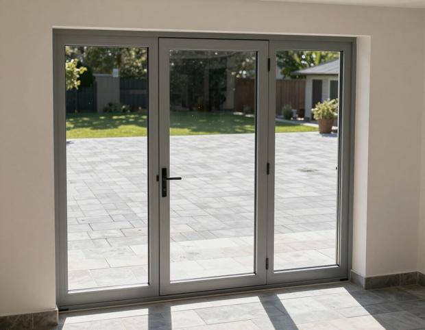 Rear exterior patio door installed on a suburban residence.