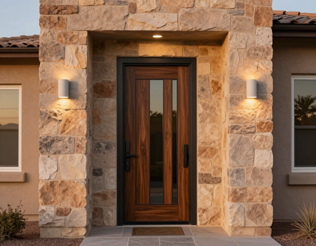 Modern front entry door installed on a residential house exterior.