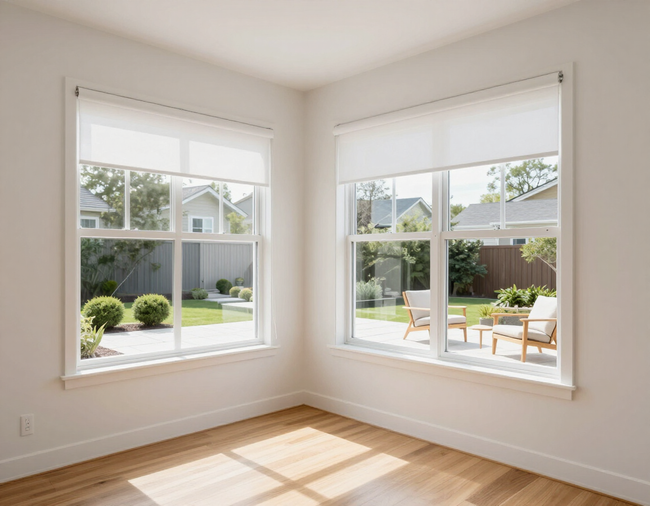 Bright residential living room with installed energy-efficient windows.